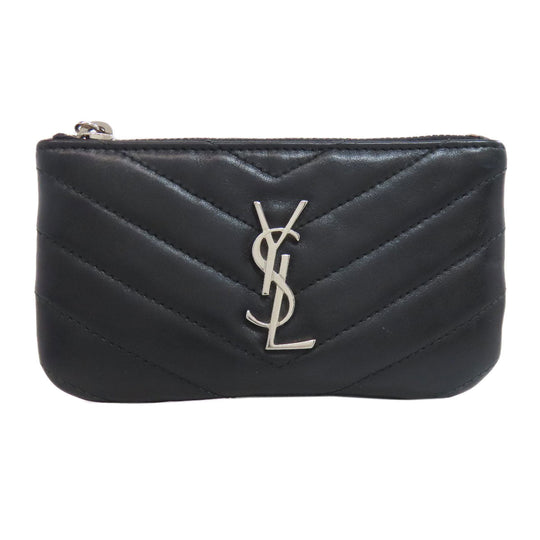 YVES SAINT LAURENT Coin case leather black Logo key ring included