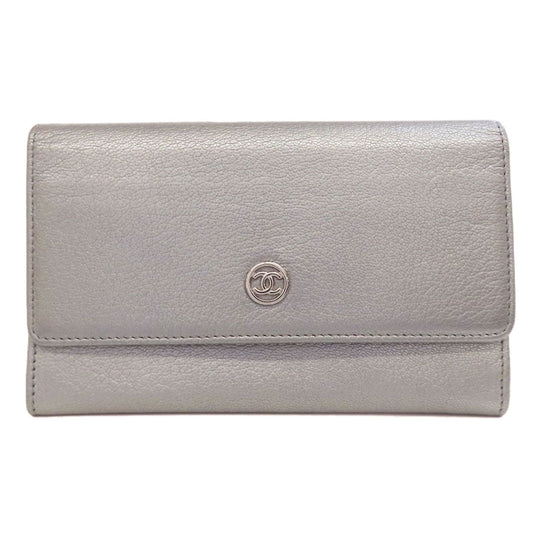 CHANEL Long Wallet Purse Calfskin Silver COCO Mark SilverMetal Women Used Authentic