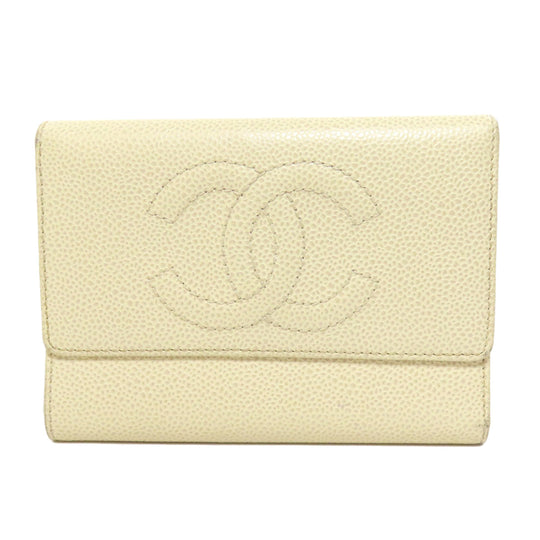 CHANEL Bifold Wallet Grained Calfskin Skin yellow COCO Mark Gold Metal Women Used Authentic