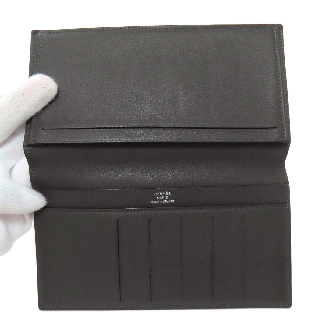 HERMES Long Wallet Purse Calfskin gray Citizen Twill Long Silk Inn Women Used Authentic