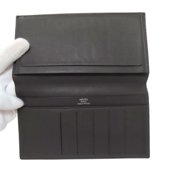 HERMES Long Wallet Purse Calfskin gray Citizen Twill Long Silk Inn Women Used Authentic