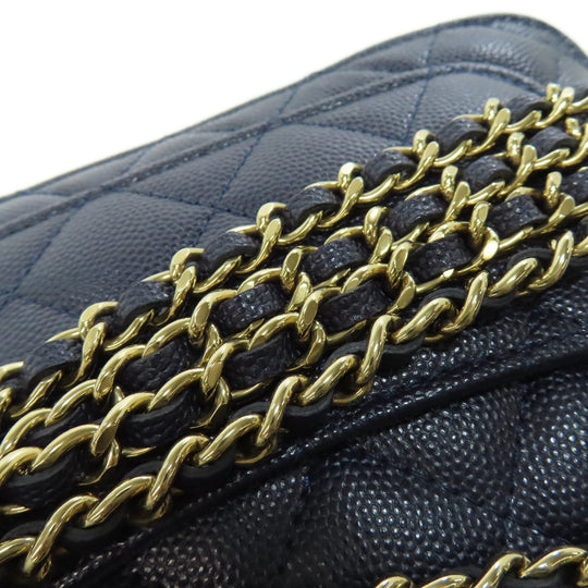 CHANEL Tote Bag AP2095 Grained calfskin, nylon Navy ChainShoulder Eco Bag Gold Metal Women Used Authentic