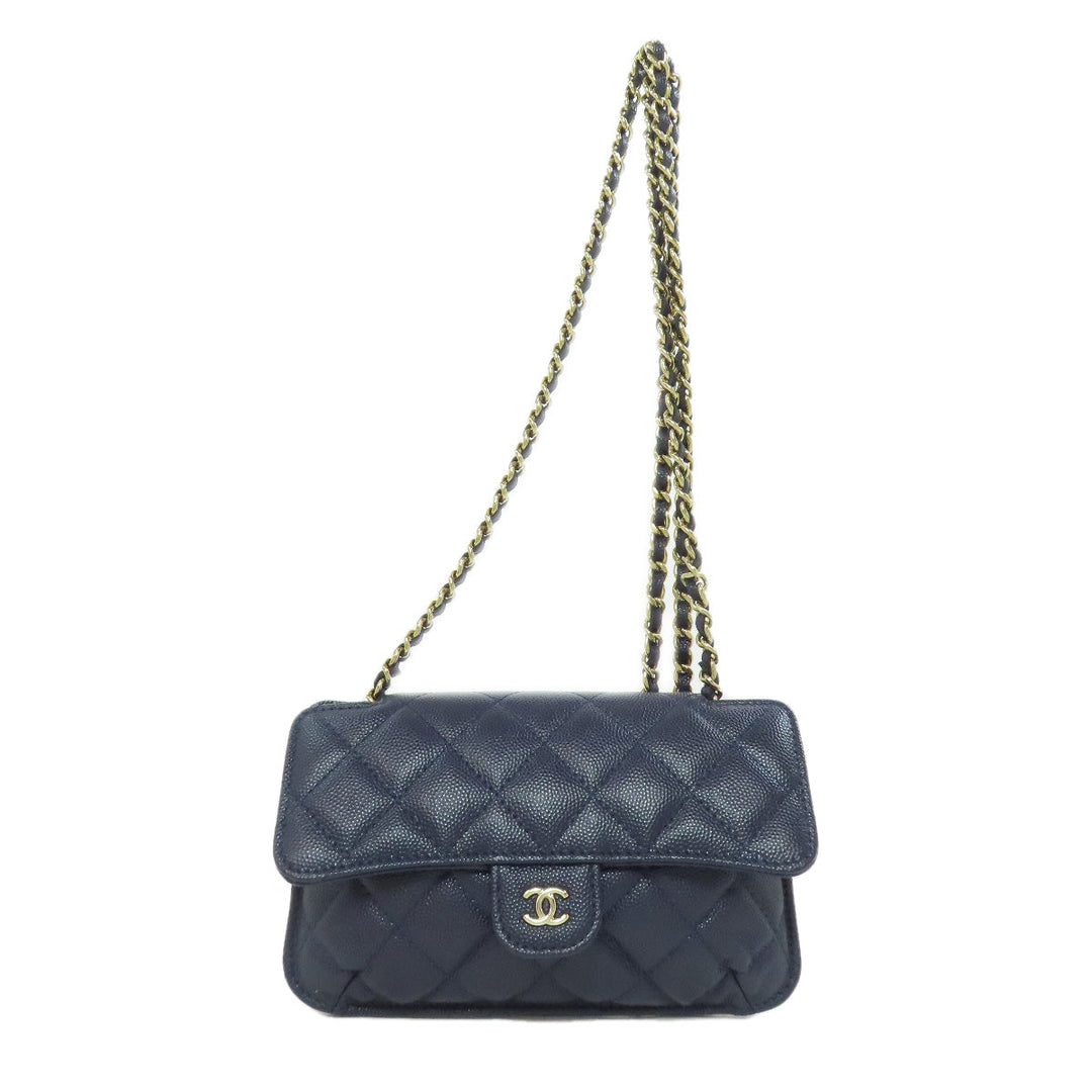 CHANEL Tote Bag AP2095 Grained calfskin, nylon Navy ChainShoulder Eco Bag Gold Metal Women Used Authentic