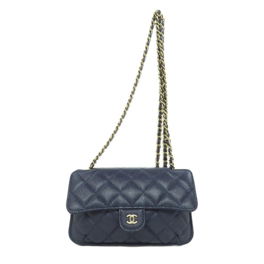 CHANEL Tote Bag AP2095 Grained calfskin, nylon Navy ChainShoulder Eco Bag Gold Metal Women Used Authentic