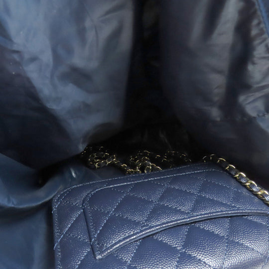 CHANEL Tote Bag AP2095 Grained calfskin, nylon Navy ChainShoulder Eco Bag Gold Metal Women Used Authentic