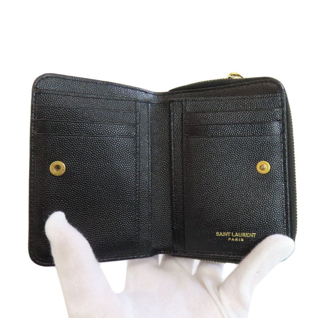 SAINT LAURENT Bifold Wallet Calfskin black Vstitch Women Used Authentic