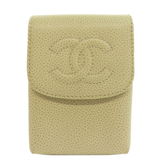 CHANEL Cigarette case Grained Calfskin Skin white COCO Mark Gold Metal Cigarette Case Women Used Authentic