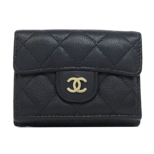 CHANEL Bifold Wallet Grained Calfskin Skin black Tri-fold Wallet Matelasse Gold Metal