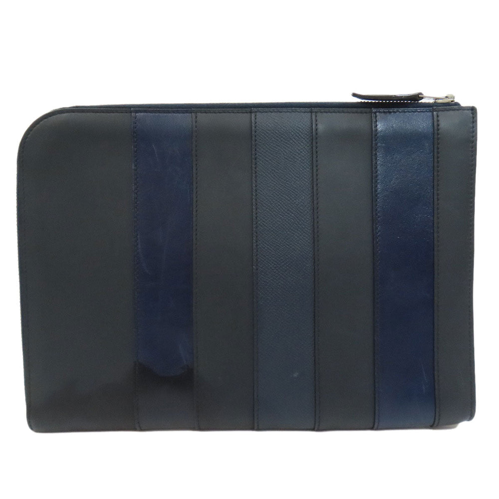 HERMES Clutch bag leather black stripe mens Used Authentic