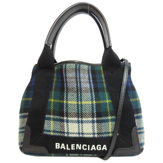BALENCIAGA Handbag 390346 Wool, Leather green Navy Cabas XS Check Pattern 2WAY Women Used Authentic