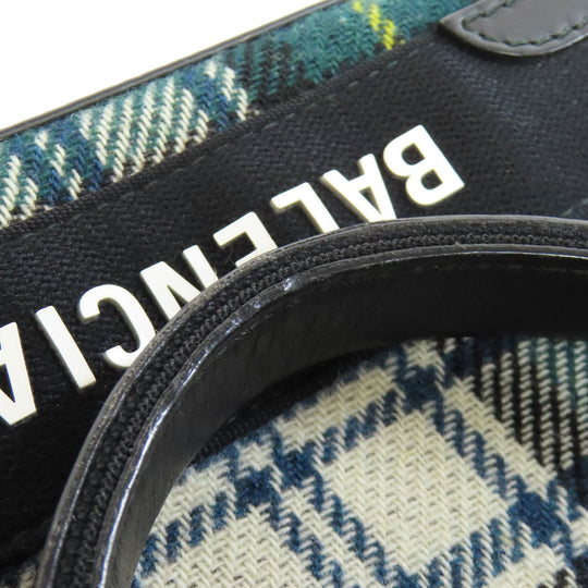 BALENCIAGA Handbag 390346 Wool, Leather green Navy Cabas XS Check Pattern 2WAY Women Used Authentic