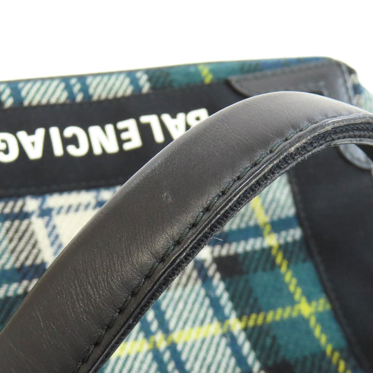 BALENCIAGA Handbag 390346 Wool, Leather green Navy Cabas XS Check Pattern 2WAY Women Used Authentic
