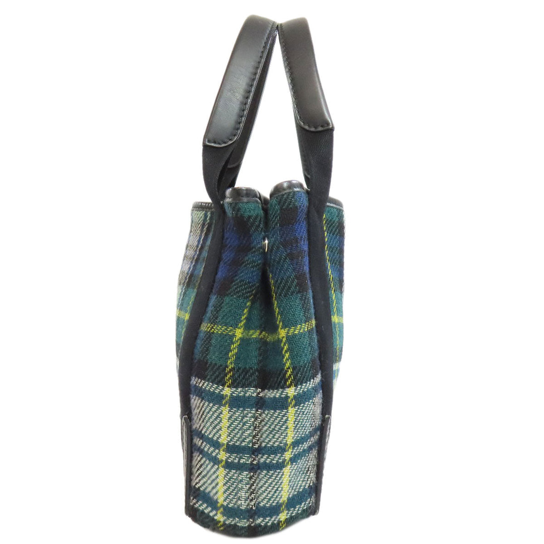 BALENCIAGA Handbag 390346 Wool, Leather green Navy Cabas XS Check Pattern 2WAY Women Used Authentic