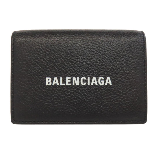 BALENCIAGA Bifold Wallet 594312 leather black logo Tri-fold Wallet Women Used Authentic