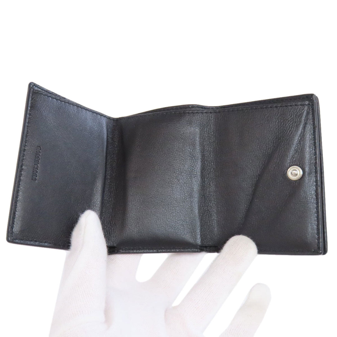 BALENCIAGA Bifold Wallet 594312 leather black logo Tri-fold Wallet Women Used Authentic