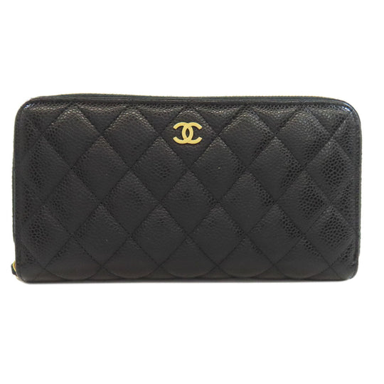 CHANEL Long Wallet Purse Grained Calfskin Skin black Matelasse Zip Around Gold Metal Women Used Authentic