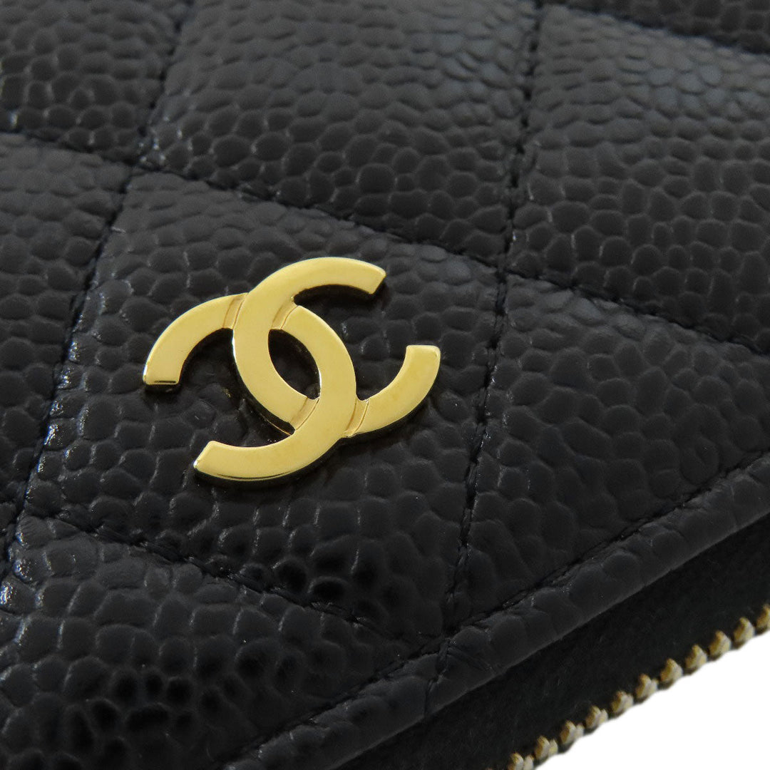 CHANEL Long Wallet Purse Grained Calfskin Skin black Matelasse Zip Around Gold Metal Women Used Authentic