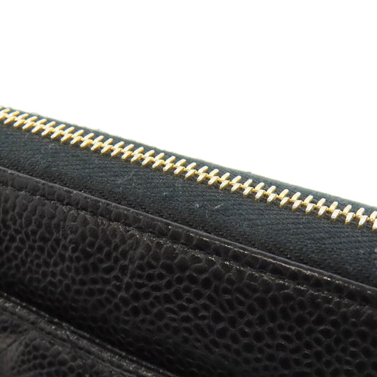 CHANEL Long Wallet Purse Grained Calfskin Skin black Matelasse Zip Around Gold Metal Women Used Authentic