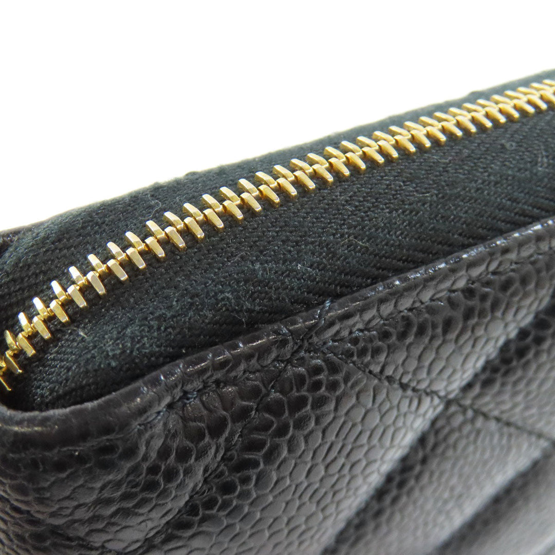 CHANEL Long Wallet Purse Grained Calfskin Skin black Matelasse Zip Around Gold Metal Women Used Authentic