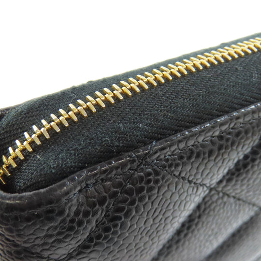 CHANEL Long Wallet Purse Grained Calfskin Skin black Matelasse Zip Around Gold Metal Women Used Authentic