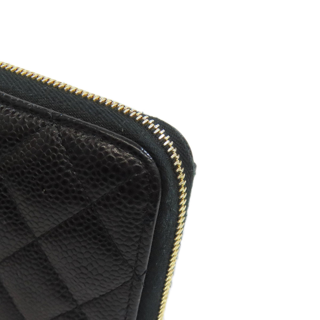 CHANEL Long Wallet Purse Grained Calfskin Skin black Matelasse Zip Around Gold Metal Women Used Authentic
