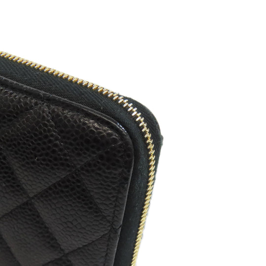 CHANEL Long Wallet Purse Grained Calfskin Skin black Matelasse Zip Around Gold Metal Women Used Authentic