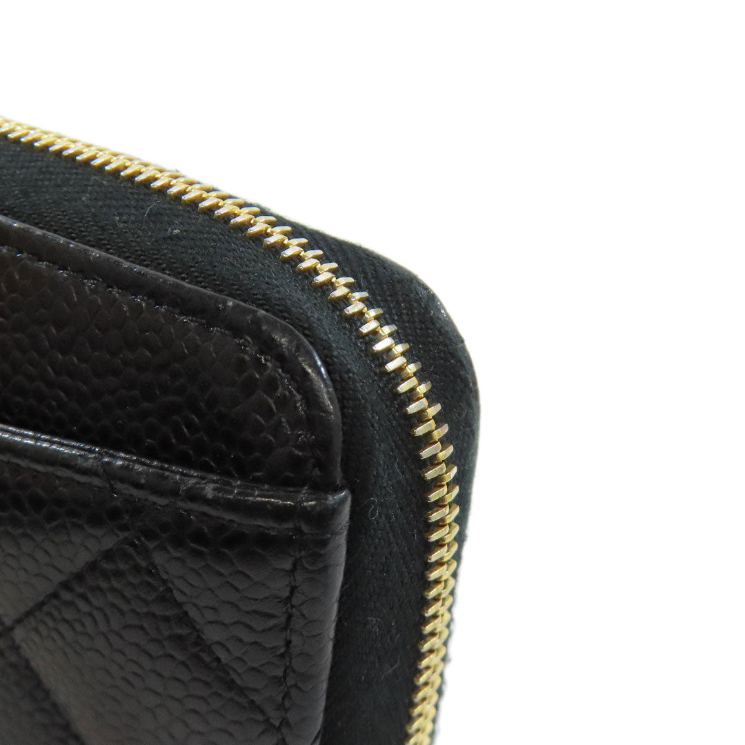 CHANEL Long Wallet Purse Grained Calfskin Skin black Matelasse Zip Around Gold Metal Women Used Authentic