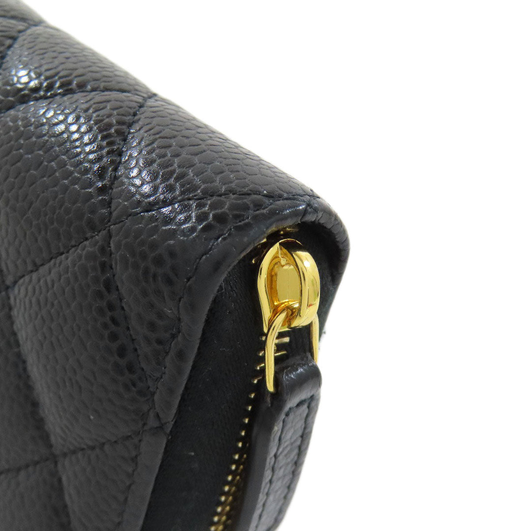 CHANEL Long Wallet Purse Grained Calfskin Skin black Matelasse Zip Around Gold Metal Women Used Authentic