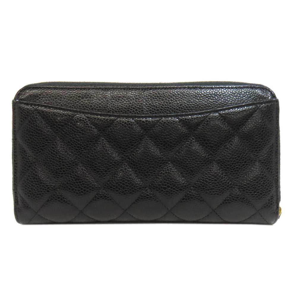 CHANEL Long Wallet Purse Grained Calfskin Skin black Matelasse Zip Around Gold Metal Women Used Authentic