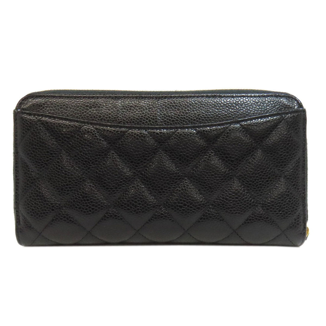 CHANEL Long Wallet Purse Grained Calfskin Skin black Matelasse Zip Around Gold Metal Women Used Authentic