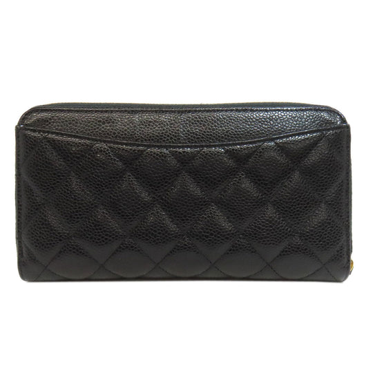CHANEL Long Wallet Purse Grained Calfskin Skin black Matelasse Zip Around Gold Metal Women Used Authentic