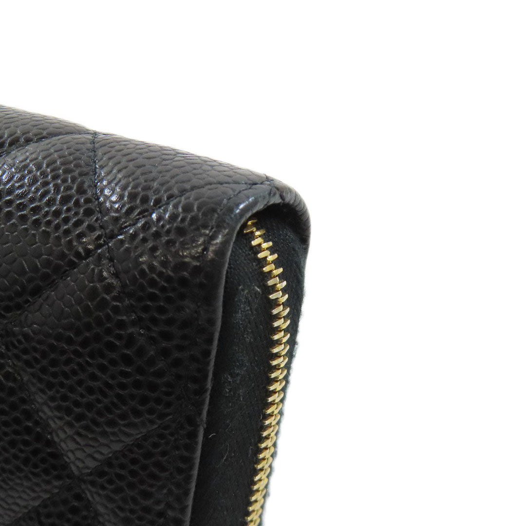 CHANEL Long Wallet Purse Grained Calfskin Skin black Matelasse Zip Around Gold Metal Women Used Authentic