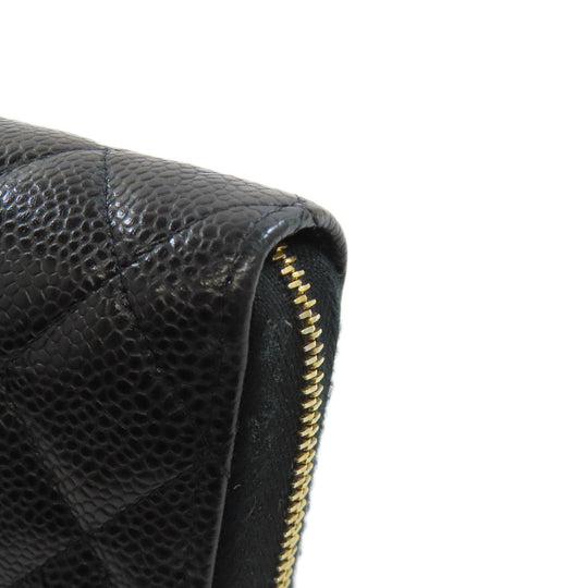 CHANEL Long Wallet Purse Grained Calfskin Skin black Matelasse Zip Around Gold Metal Women Used Authentic