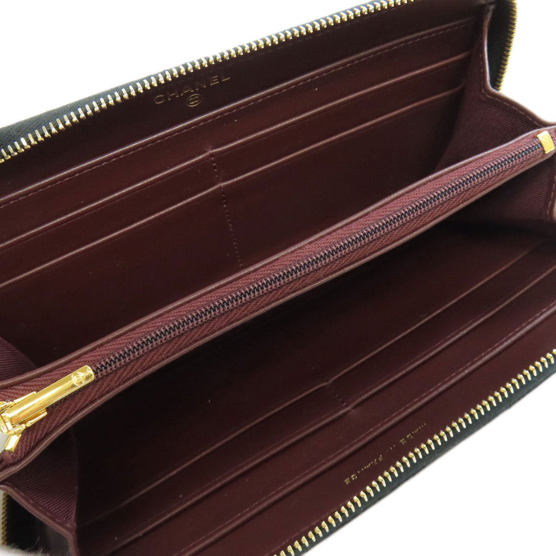 CHANEL Long Wallet Purse Grained Calfskin Skin black Matelasse Zip Around Gold Metal Women Used Authentic