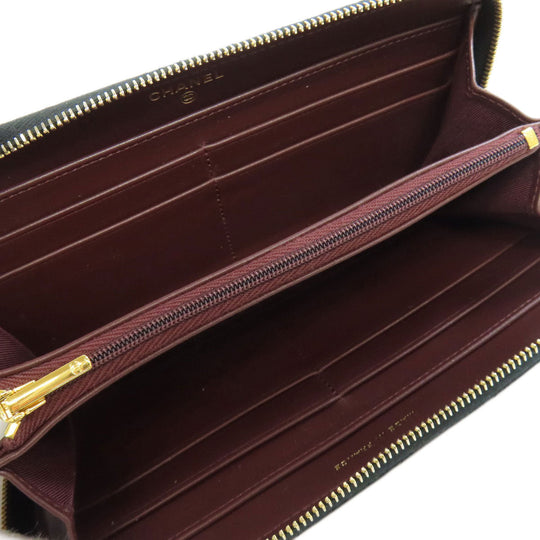 CHANEL Long Wallet Purse Grained Calfskin Skin black Matelasse Zip Around Gold Metal Women Used Authentic