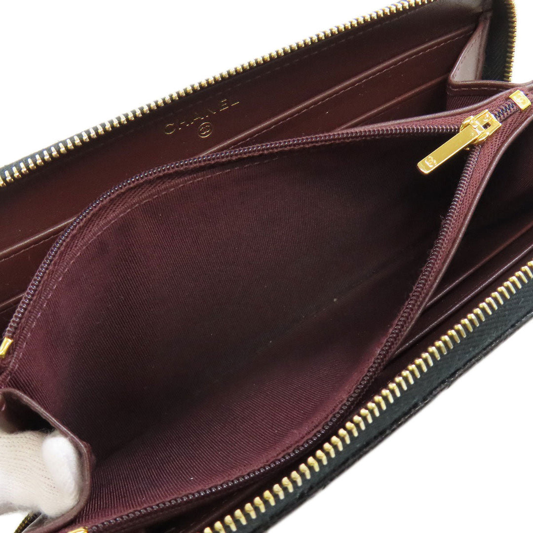 CHANEL Long Wallet Purse Grained Calfskin Skin black Matelasse Zip Around Gold Metal Women Used Authentic