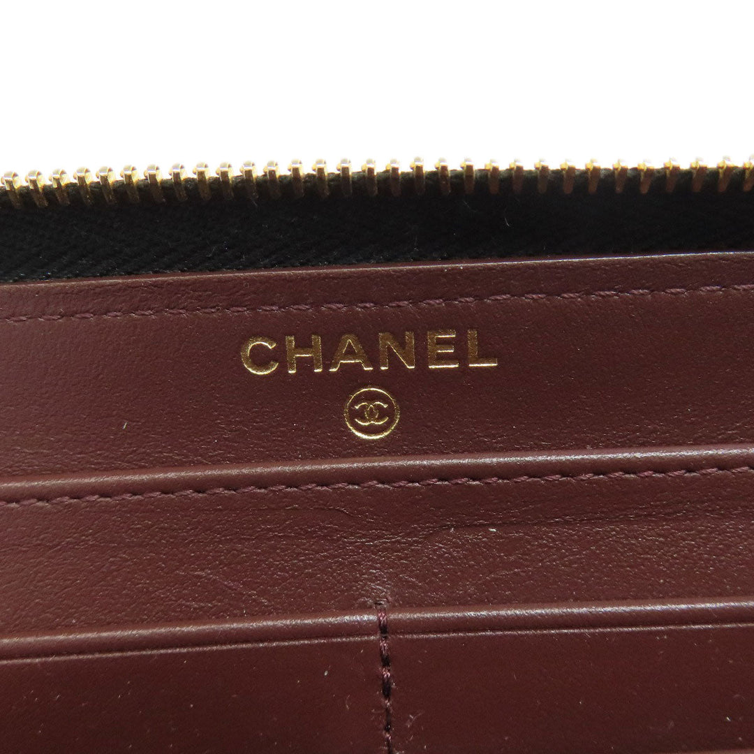 CHANEL Long Wallet Purse Grained Calfskin Skin black Matelasse Zip Around Gold Metal Women Used Authentic