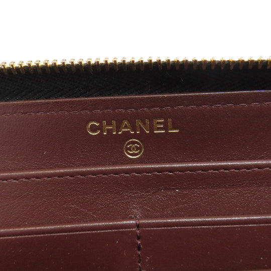 CHANEL Long Wallet Purse Grained Calfskin Skin black Matelasse Zip Around Gold Metal Women Used Authentic