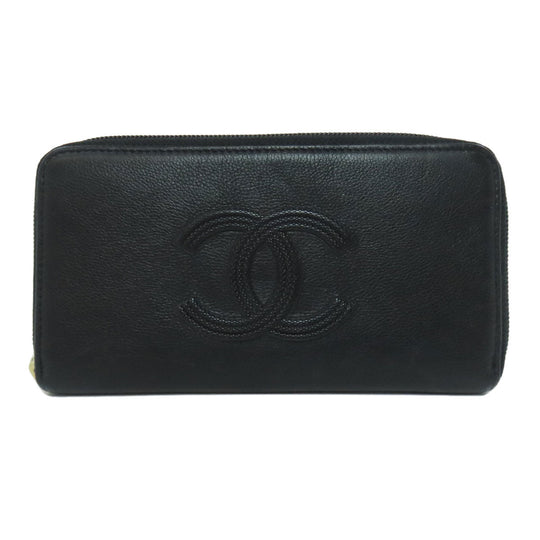 CHANEL Long Wallet Purse Calfskin black Zip Around COCO Mark Gold Metal Women Used Authentic