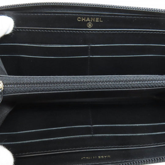 CHANEL Long Wallet Purse Calfskin black Zip Around COCO Mark Gold Metal Women Used Authentic