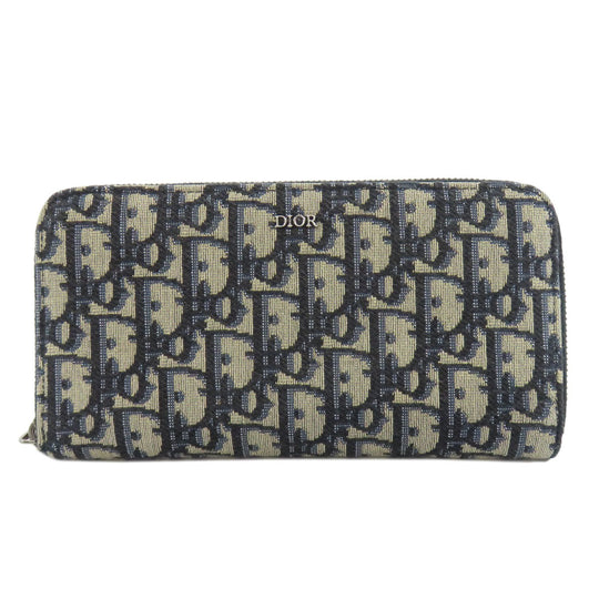 Christian Dior Long Wallet Purse canvas Navy Long Zip Wallet Oblique Trotter Pattern Women Used Authentic