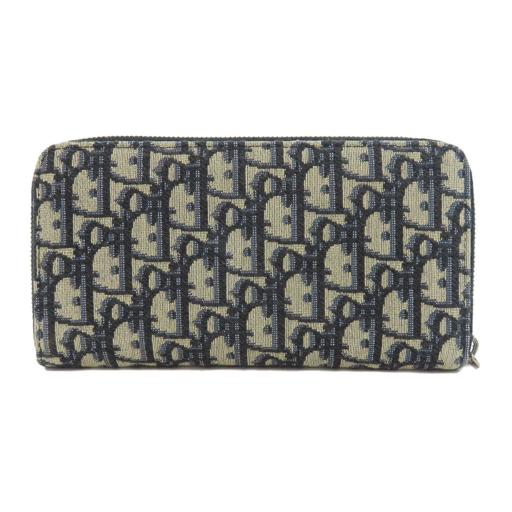 Christian Dior Long Wallet Purse canvas Navy Long Zip Wallet Oblique Trotter Pattern Women Used Authentic