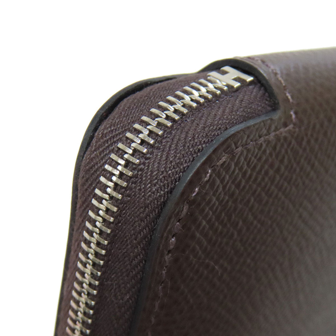 HERMES Long Wallet Purse Epsom Brown Azap Silkin Silver Metal Women Used Authentic