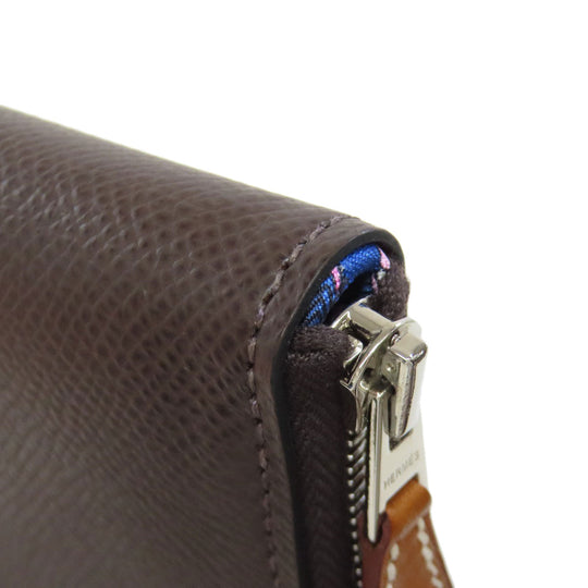 HERMES Long Wallet Purse Epsom Brown Azap Silkin Silver Metal Women Used Authentic