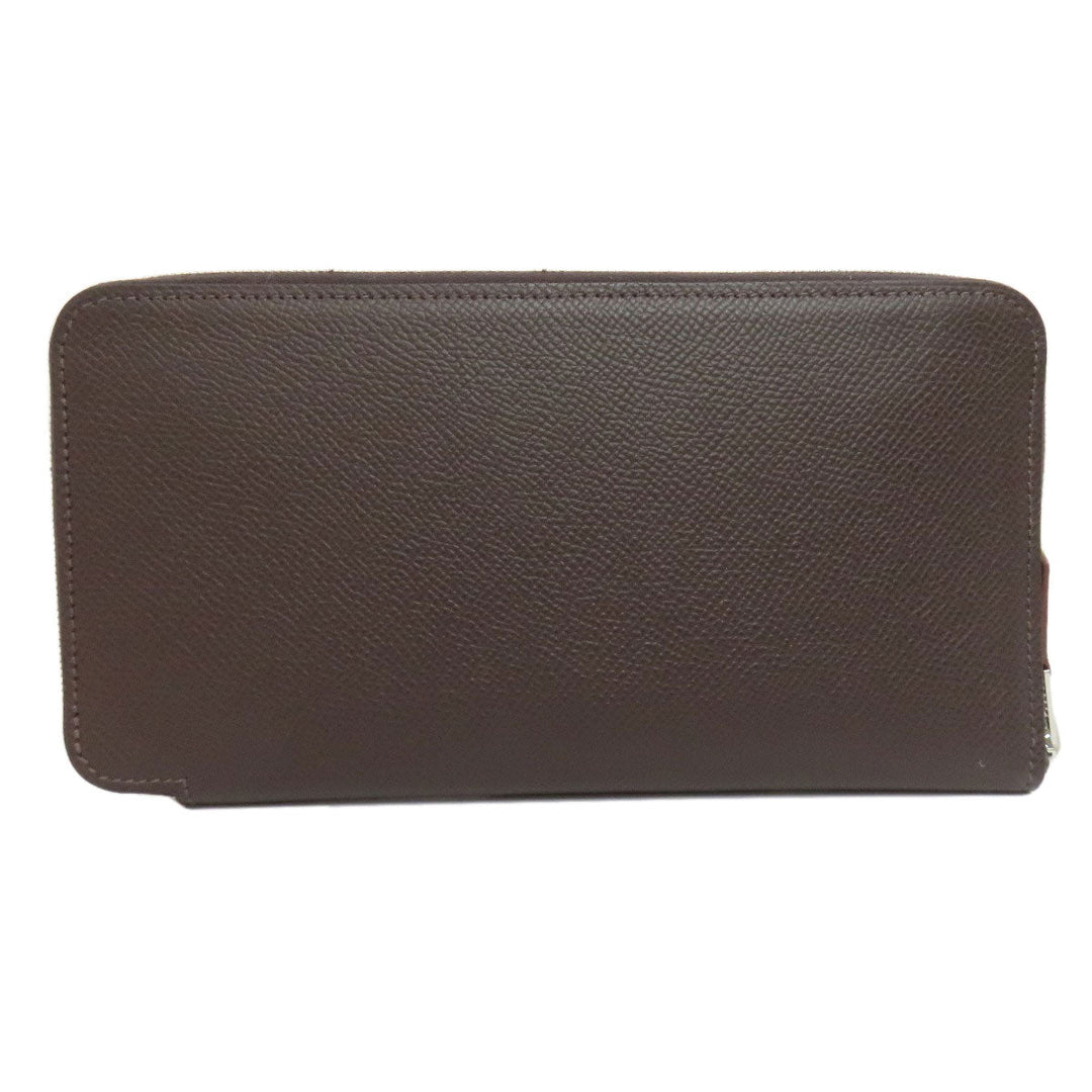 HERMES Long Wallet Purse Epsom Brown Azap Silkin Silver Metal Women Used Authentic