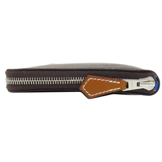 HERMES Long Wallet Purse Epsom Brown Azap Silkin Silver Metal Women Used Authentic