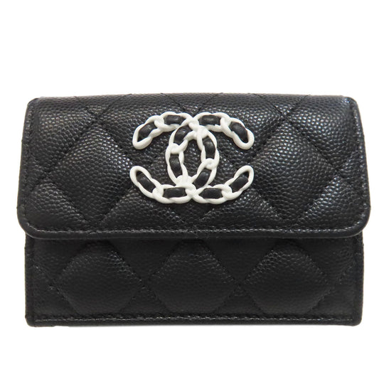 CHANEL Bifold Wallet Grained Calfskin Skin black Matelasse COCO Mark SilverMetal