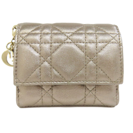Christian Dior Bifold Wallet leather gold Lady Dior Women Used Authentic