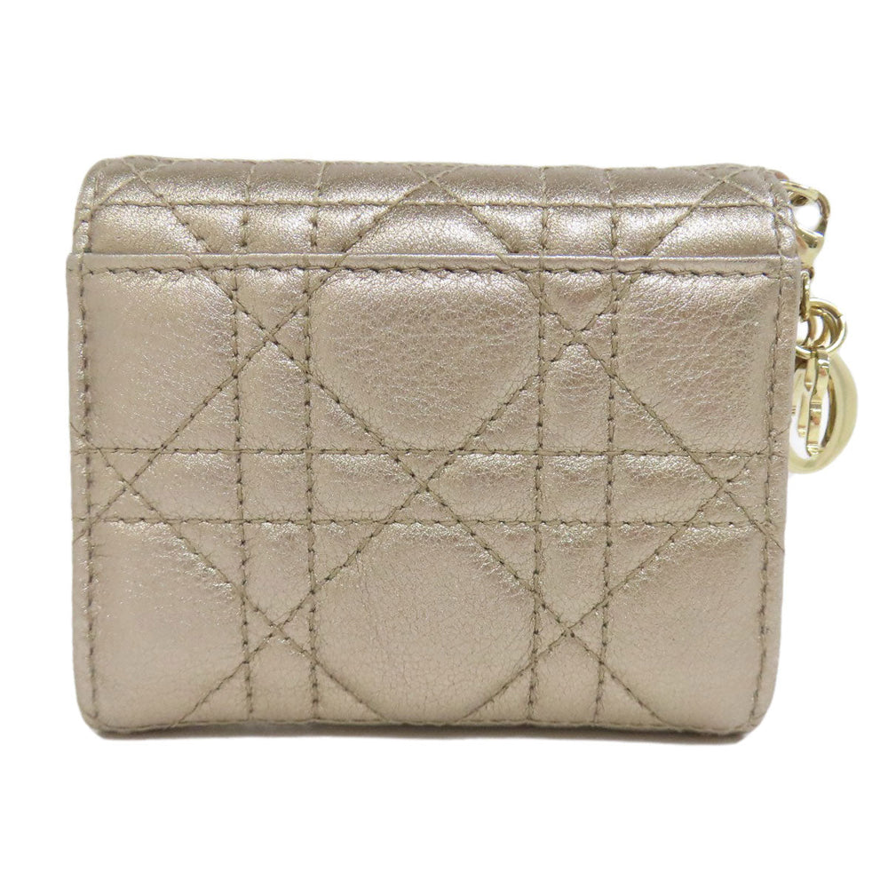 Christian Dior Bifold Wallet leather gold Lady Dior Women Used Authentic