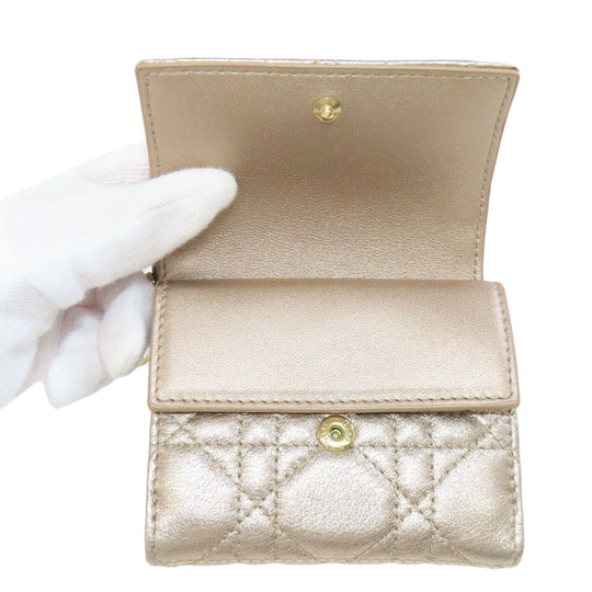 Christian Dior Bifold Wallet leather gold Lady Dior Women Used Authentic
